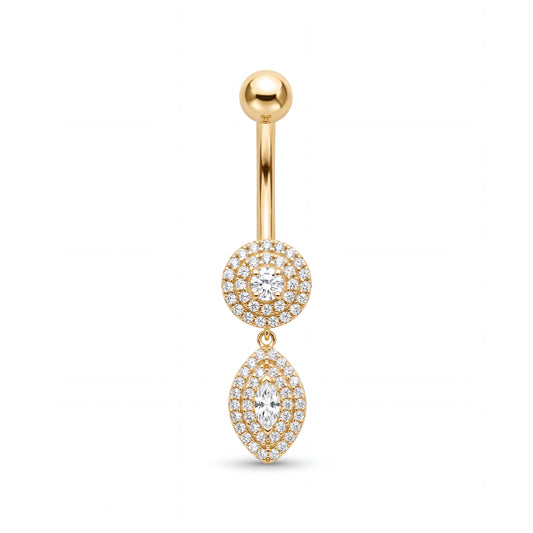 14K Yellow Gold Round & Marquise Halo White CZ Dangle Belly Ring