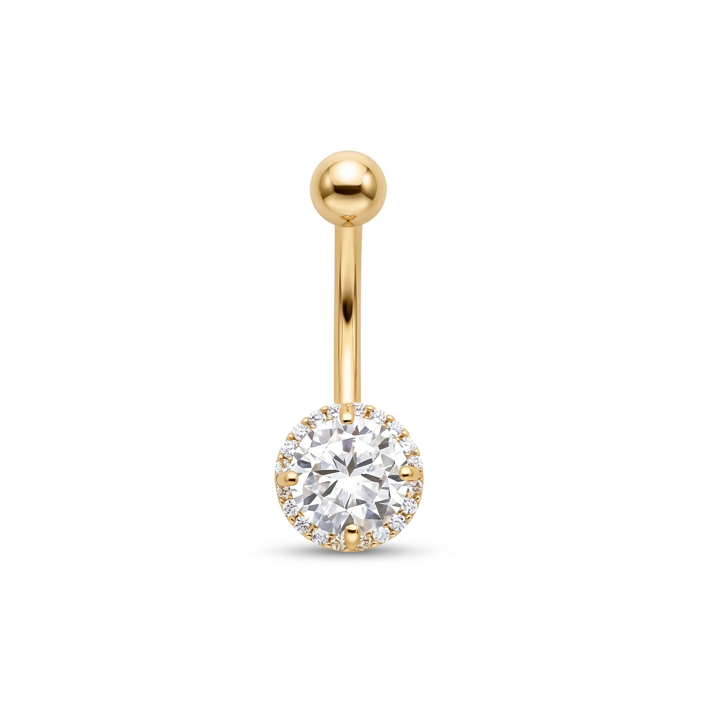 14K Yellow Gold 5MM Classic Round White CZ Halo Belly Ring