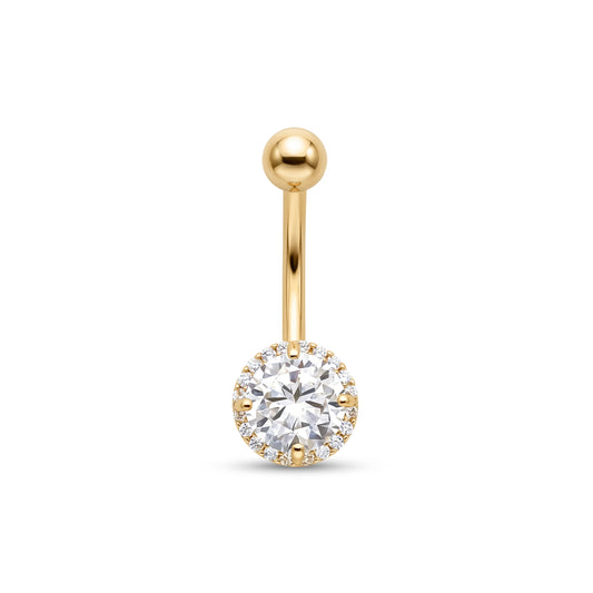 14K Yellow Gold 5MM Classic Round White CZ Halo Belly Ring