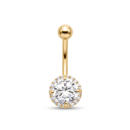 14K Yellow Gold 6MM Classic Round White CZ Halo Belly Ring