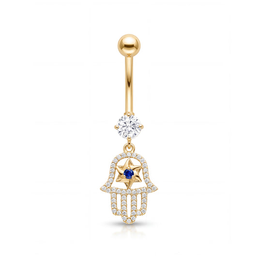 14K Yellow Gold White CZ Hamsa Star Dangle Belly Ring