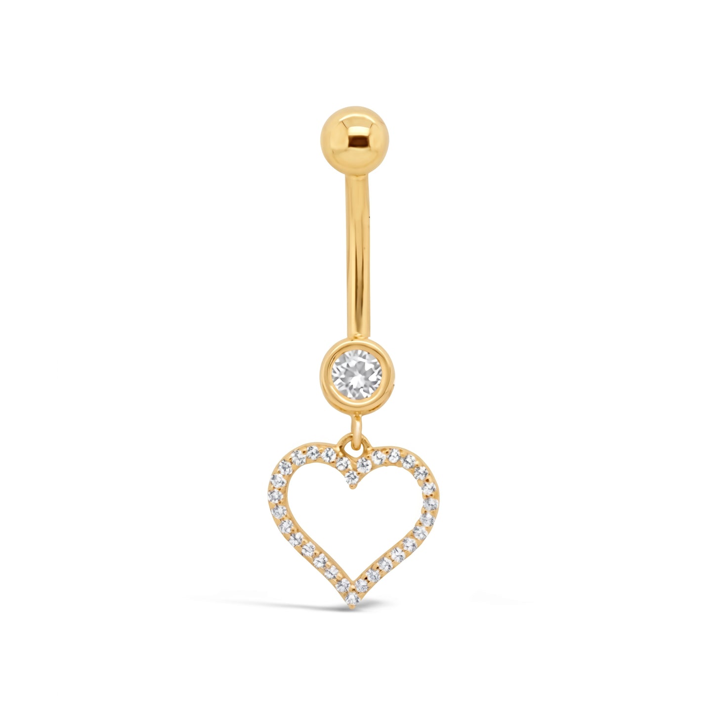 14K Yellow Gold White CZ Round Drop Open Heart Dangle Belly Ring