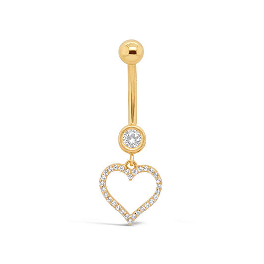 14K Yellow Gold White CZ Round Drop Open Heart Dangle Belly Ring