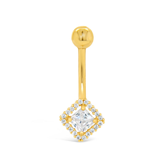 14K Yellow Gold Princess-Cut CZ Halo Belly Ring