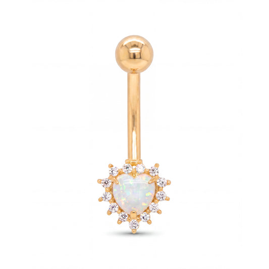 14K Yellow Gold Heart & White CZ Halo Belly Ring