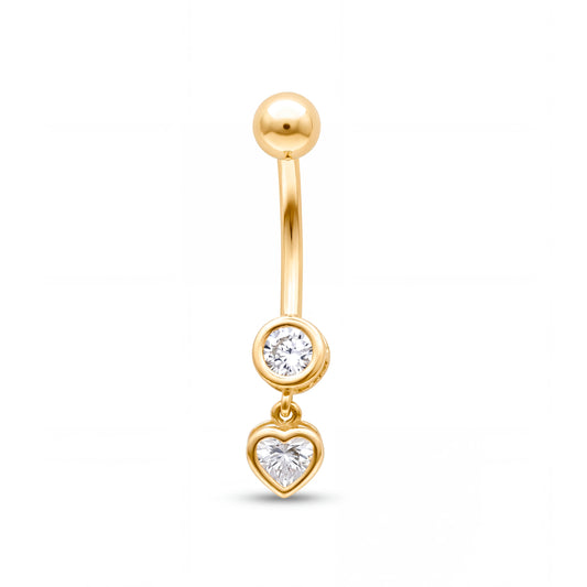 14K Yellow Gold Bezel-Set White CZ Heart Dangle Belly Ring