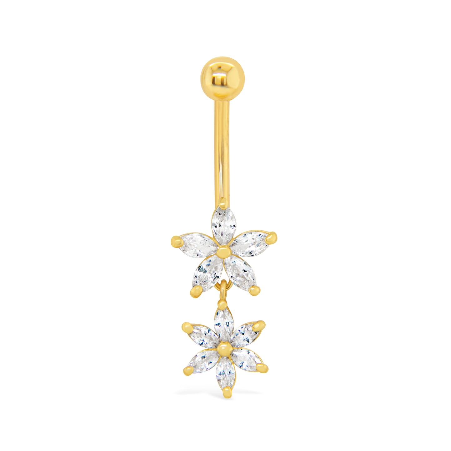 14K Yellow Gold White CZ Double Marquise Flower Dangle Belly Ring