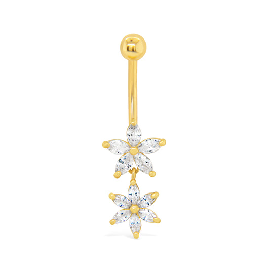 14K Yellow Gold White CZ Double Marquise Flower Dangle Belly Ring