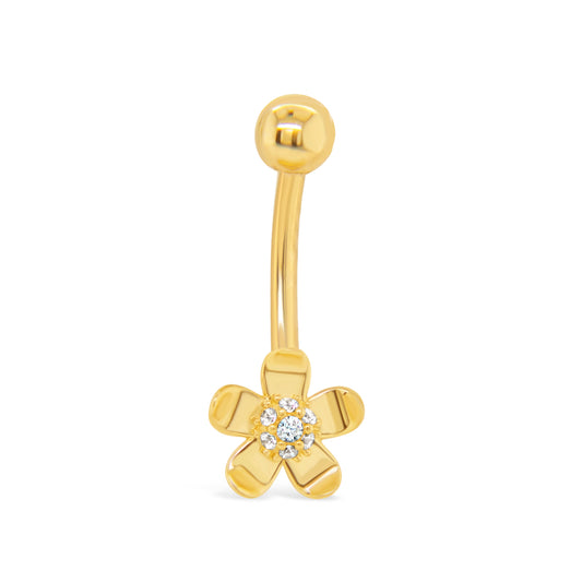 14K Yellow Gold Flower with CZ Center Belly Ring
