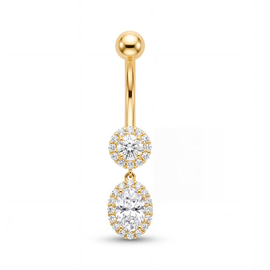 14K Yellow Gold CZ Round and Oval Shape Dangle Belly Ring