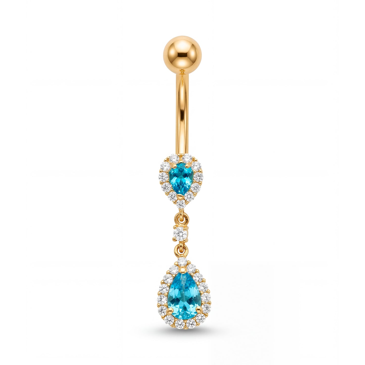 14K Yellow Gold Light Blue CZ Double Pear Cut Dangle Belly Ring