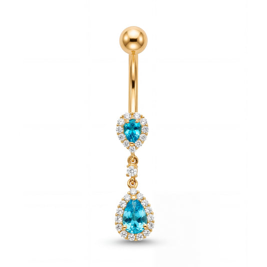 14K Yellow Gold Light Blue CZ Double Pear Cut Dangle Belly Ring