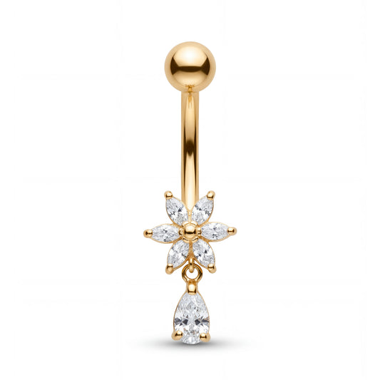 14K Yellow Gold Flower & Dangle Pear Cut Belly Ring