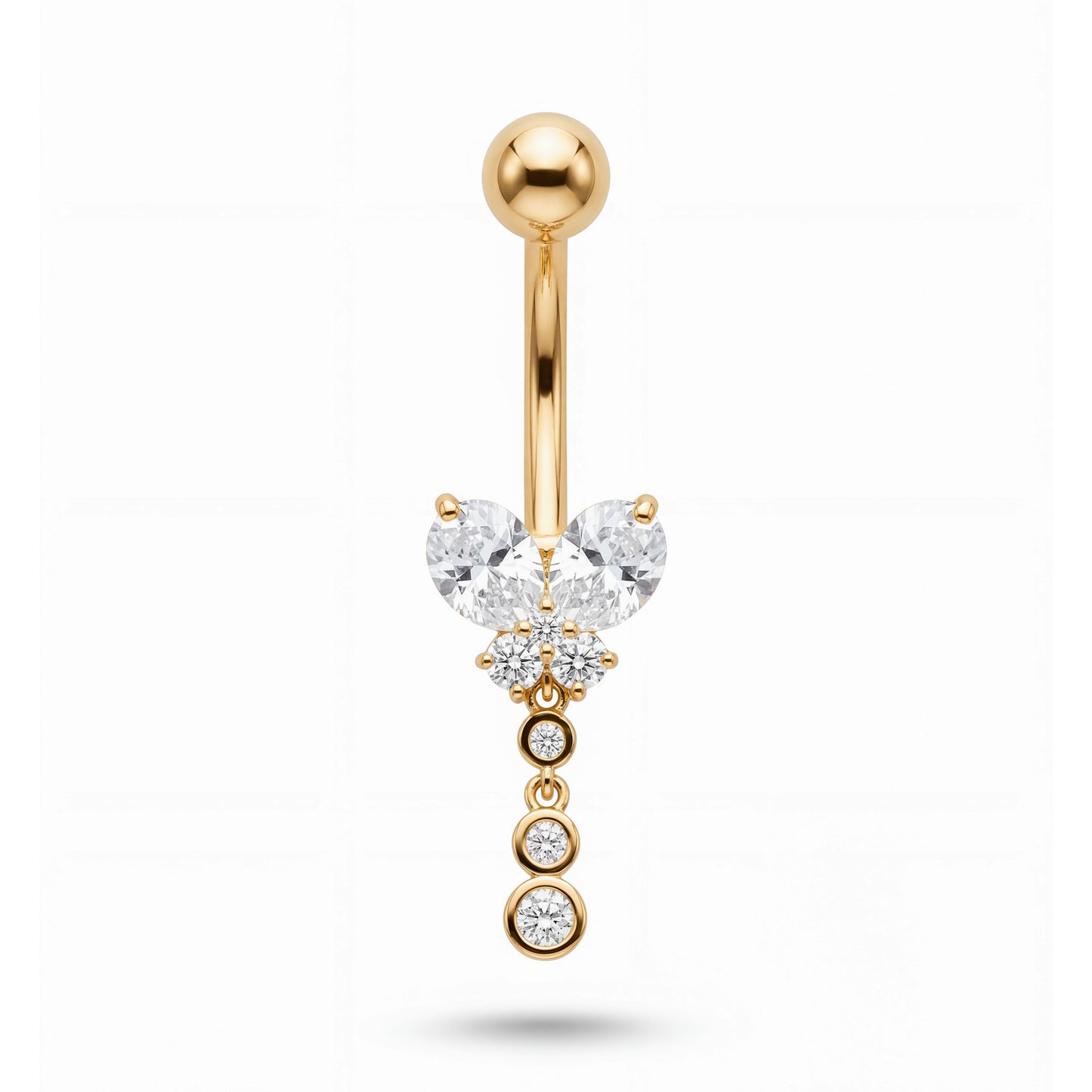 14K Yellow Gold CZ Butterfly Cluster with Dangle Round CZ Belly Ring
