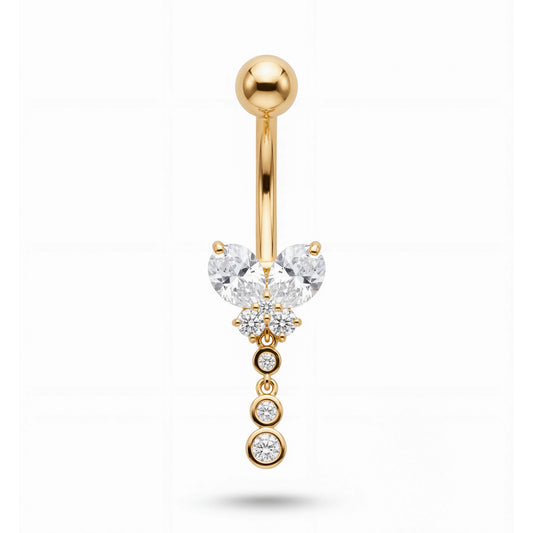 14K Yellow Gold CZ Butterfly Cluster with Dangle Round CZ Belly Ring