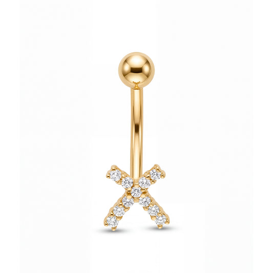 14K Yellow Gold MP CZ "X" Style Belly Ring