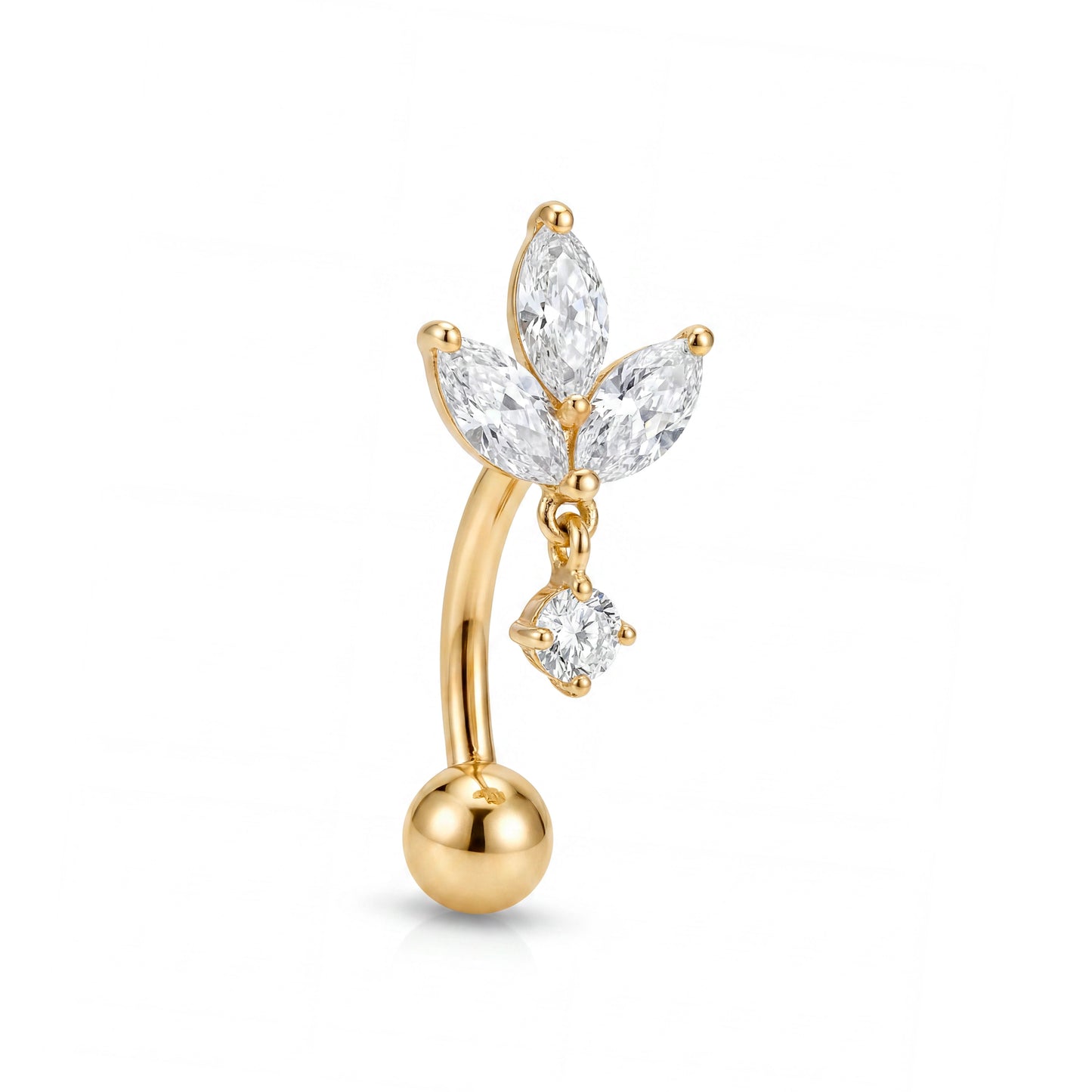 14K Yellow Gold CZ Lotus Flower with Dangle Accent Belly Ring