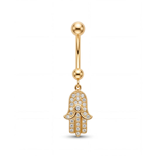 14K Yellow Gold CZ Dangle Hamsa Belly Ring