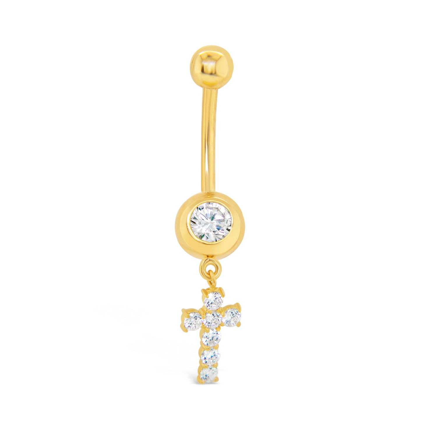 14K Yellow Gold White CZ Solitaire Bezel Dangle Cross Belly Ring