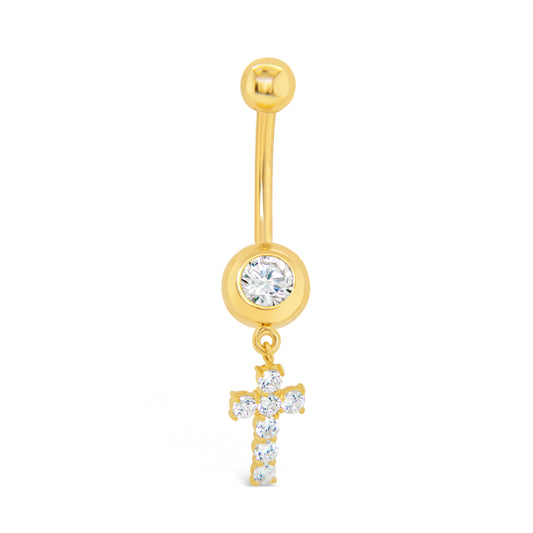 14K Yellow Gold White CZ Solitaire Bezel Dangle Cross Belly Ring
