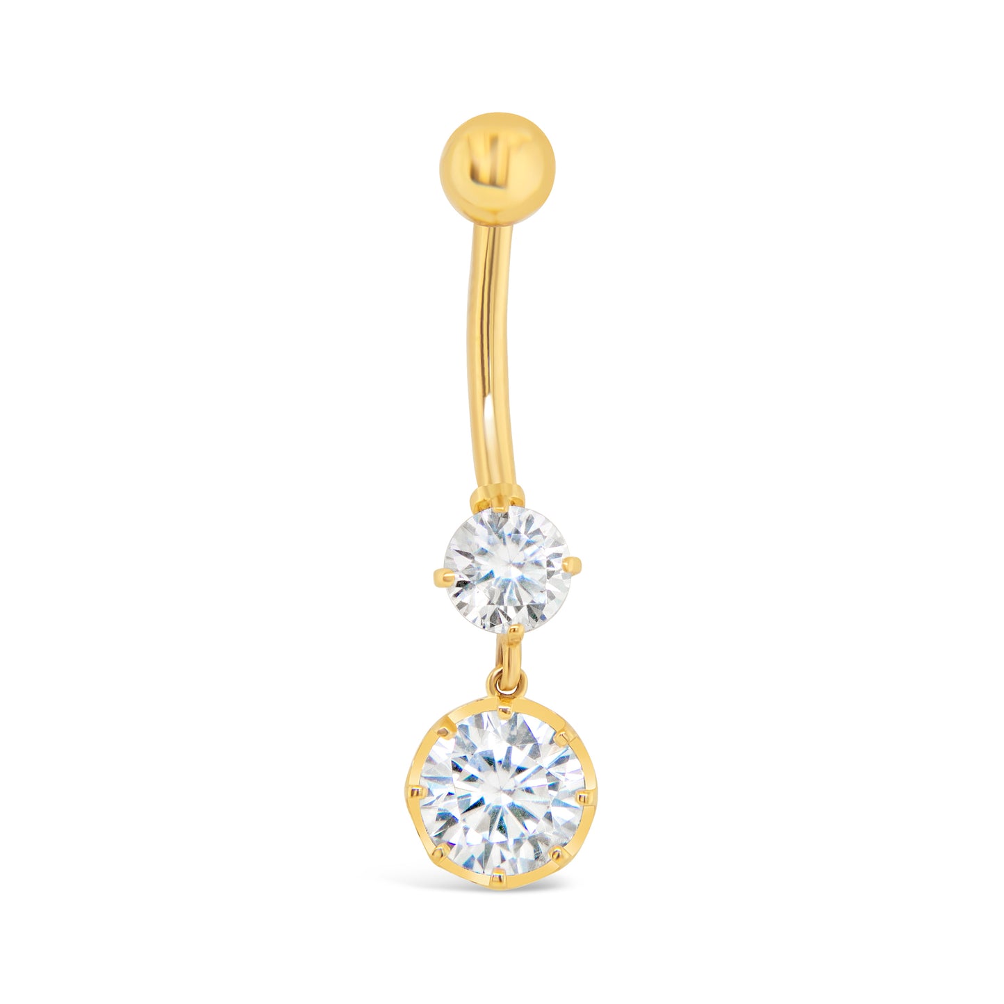 14K Yellow Gold White CZ Double Solitaire Dangle Belly Ring