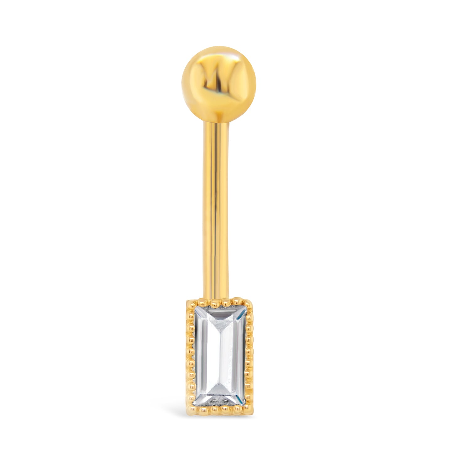 14K Yellow Gold Single CZ Baguette Beaded Edge Belly Ring