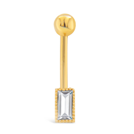 14K Yellow Gold Single CZ Baguette Beaded Edge Belly Ring