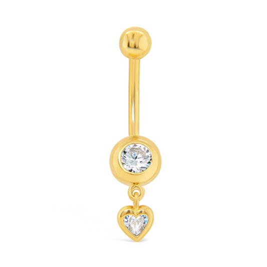 14K Yellow Gold Bezel-Set White CZ Heart Dangle Belly Ring-2