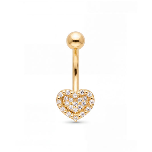 14K Yellow Gold White CZ Double Halo Heart Dangle Belly Ring