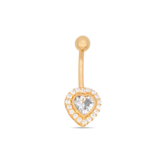 14K Yellow Gold White CZ Bezel Round & Heart Dangle Belly Ring