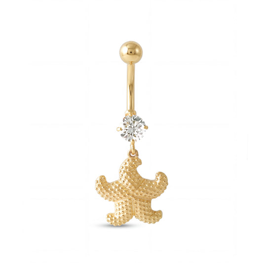 14K Yellow Gold Round White CZ & Detailed Starfish Dangle Belly Ring