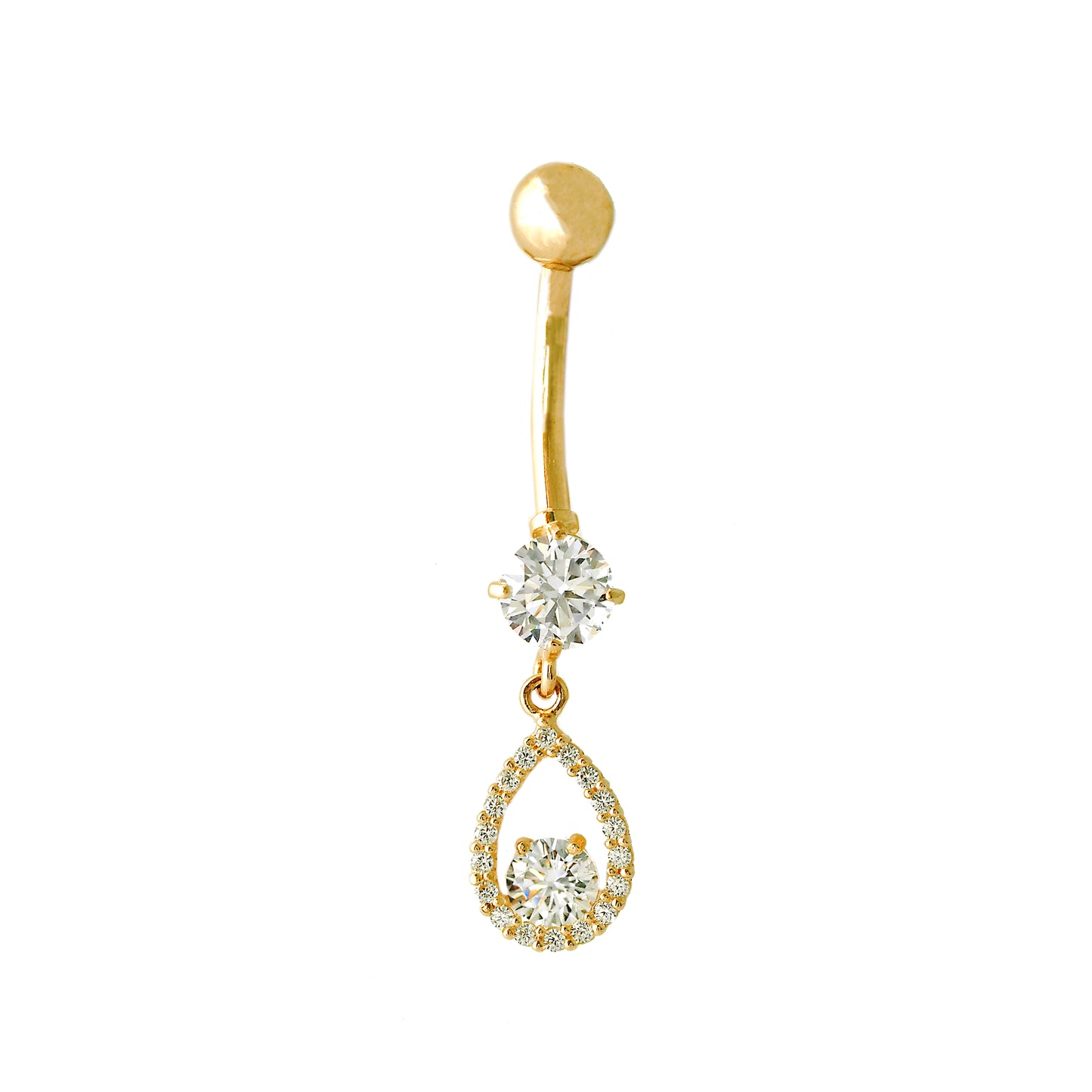 14K Yellow Gold White CZ Drop Solitaire Teardrop Dangle Belly Ring