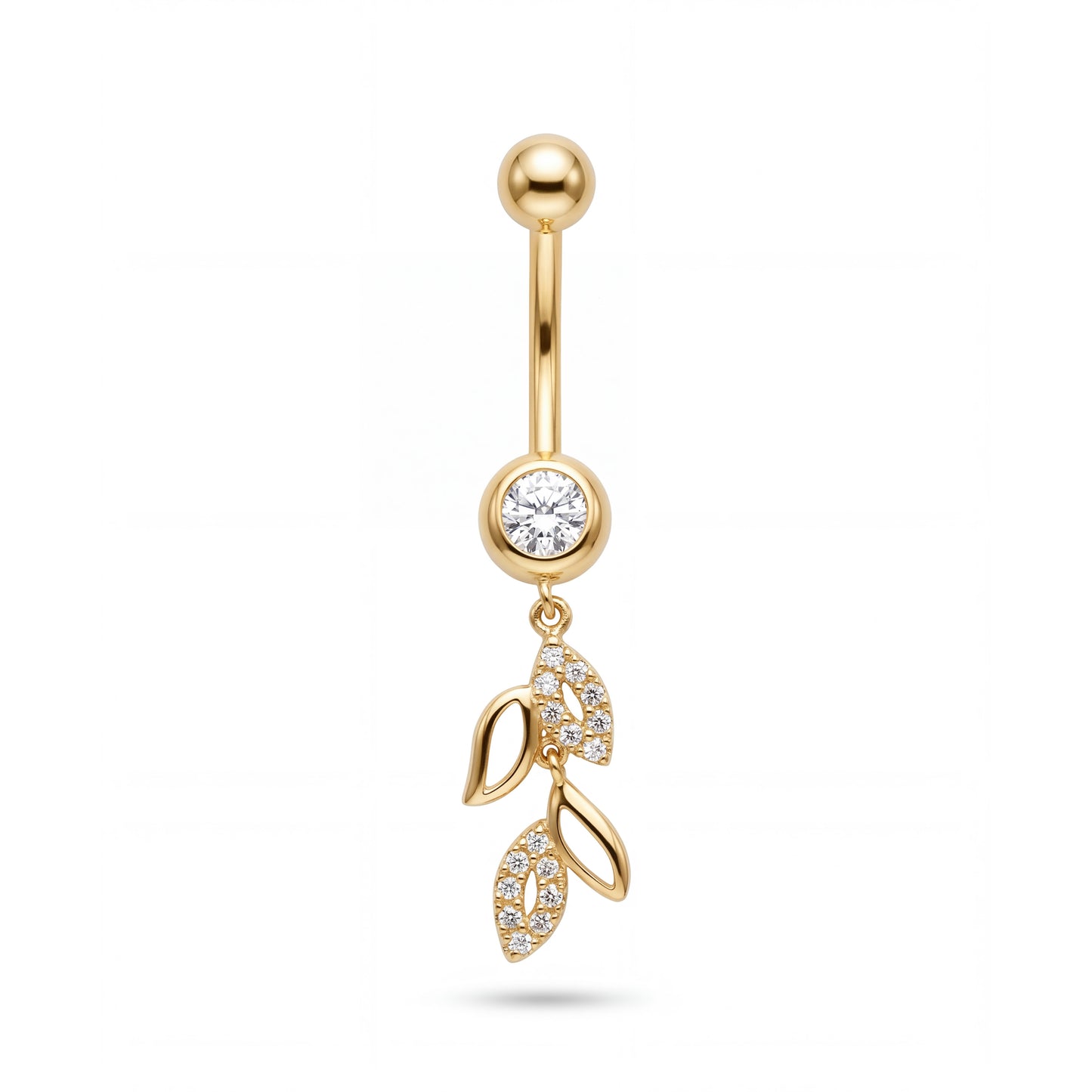 14K Yellow Gold White CZ & Open Leaf Dangle Belly Ring