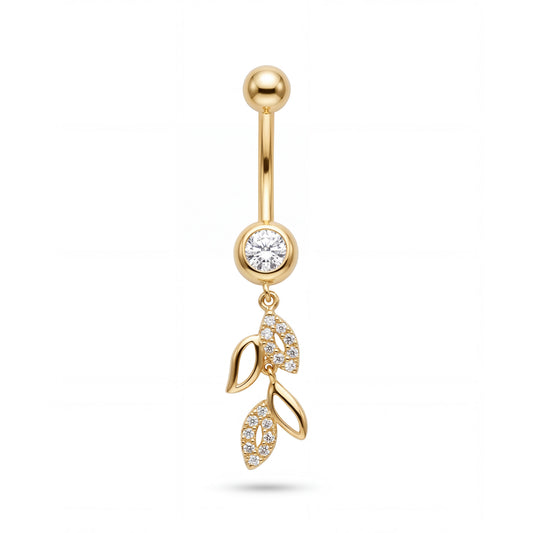14K Yellow Gold White CZ & Open Leaf Dangle Belly Ring