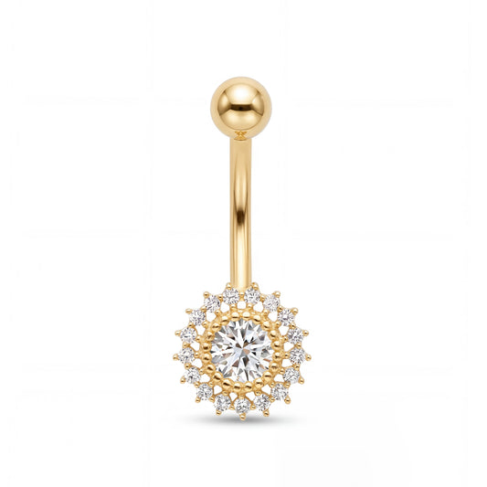 14K Yellow Gold Sunburst White CZ Halo Belly Ring