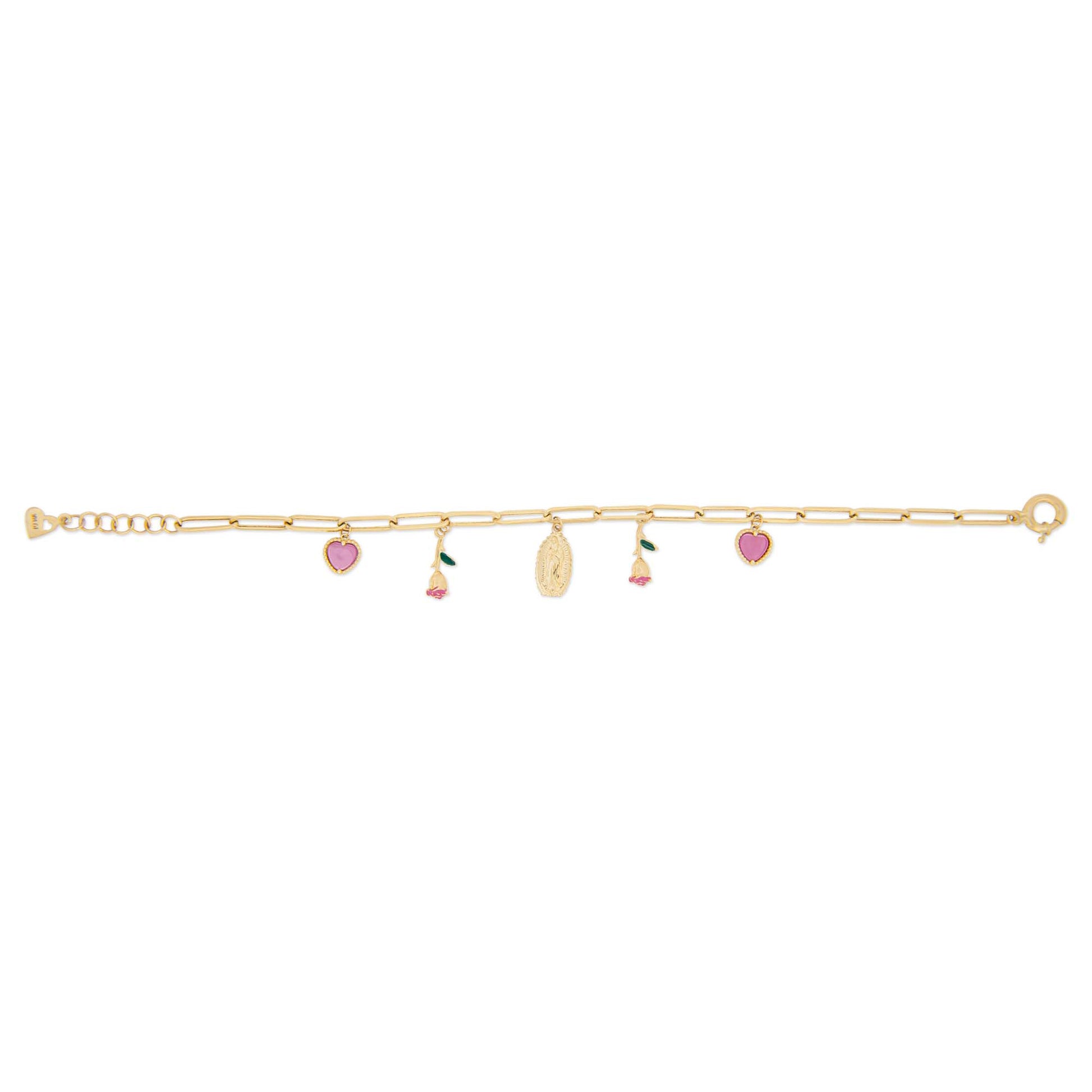14k Yellow Gold Virgin Mary, Pink Hearts and Roses Religious Bracelet