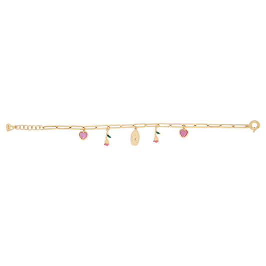 14k Yellow Gold Virgin Mary, Pink Hearts and Roses Religious Bracelet
