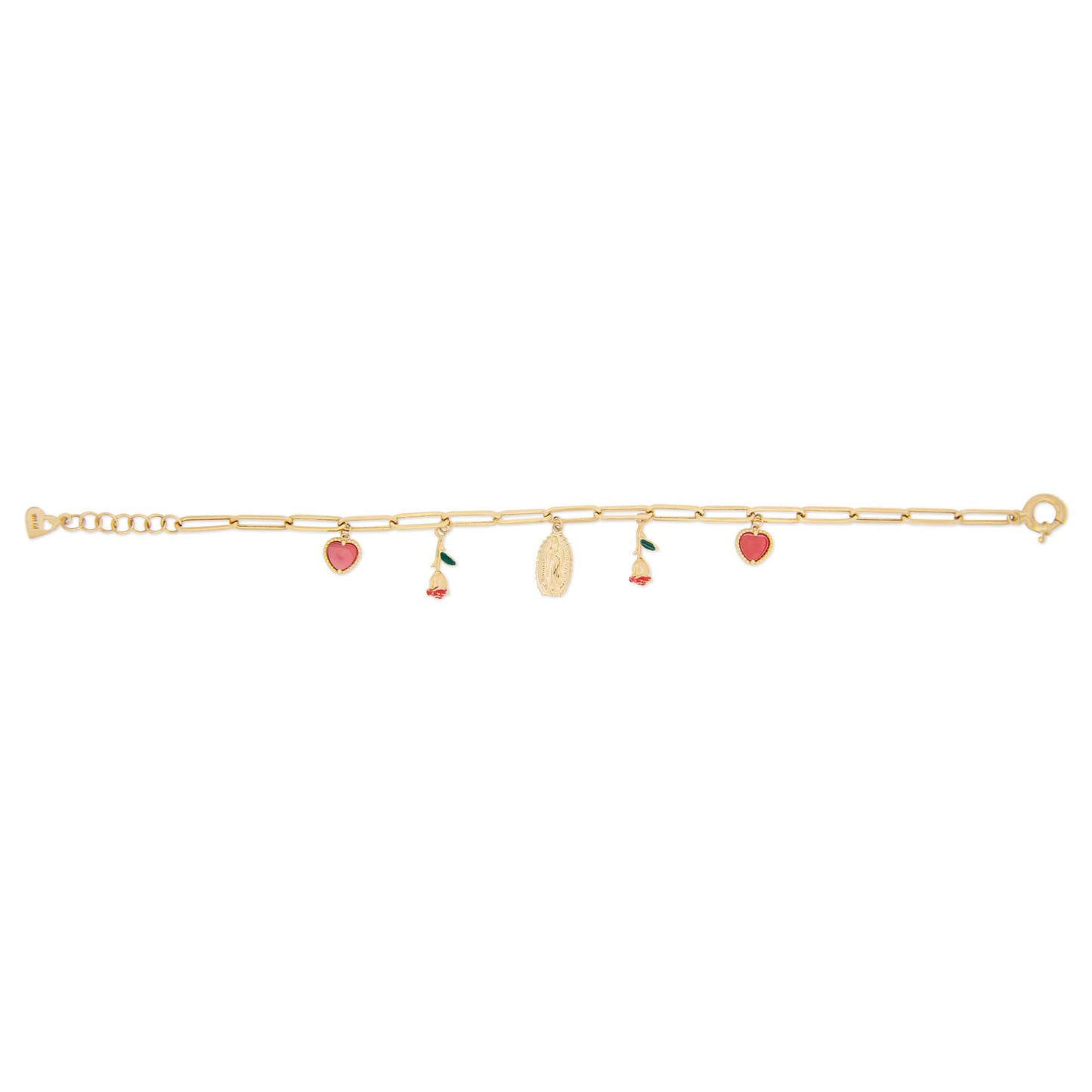 14k Yellow Gold Virgin Mary, Red Hearts and Roses Religious Bracelet