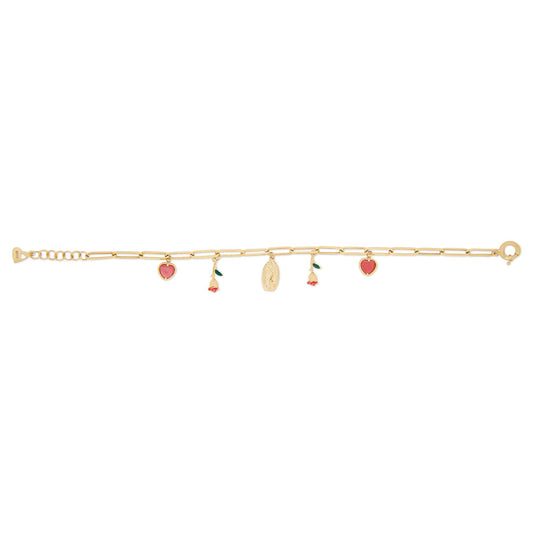 14k Yellow Gold Virgin Mary, Red Hearts and Roses Religious Bracelet