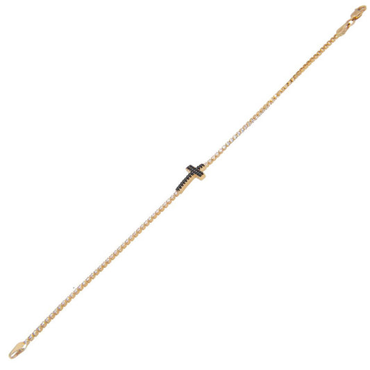 14k Yellow Gold Black CZ Cross Tennis Religious Bracelet