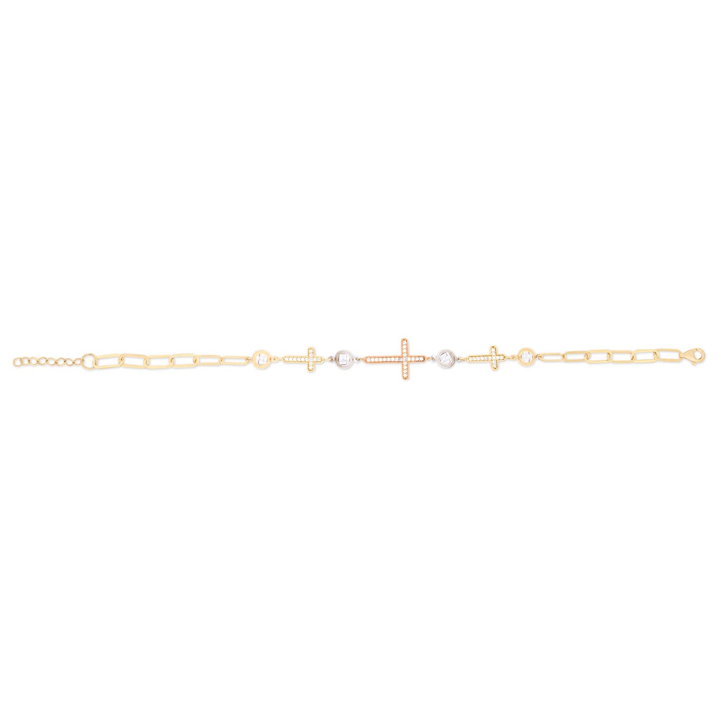 14k Tri Color Gold Triple Sideways Cross Religious Bracelet