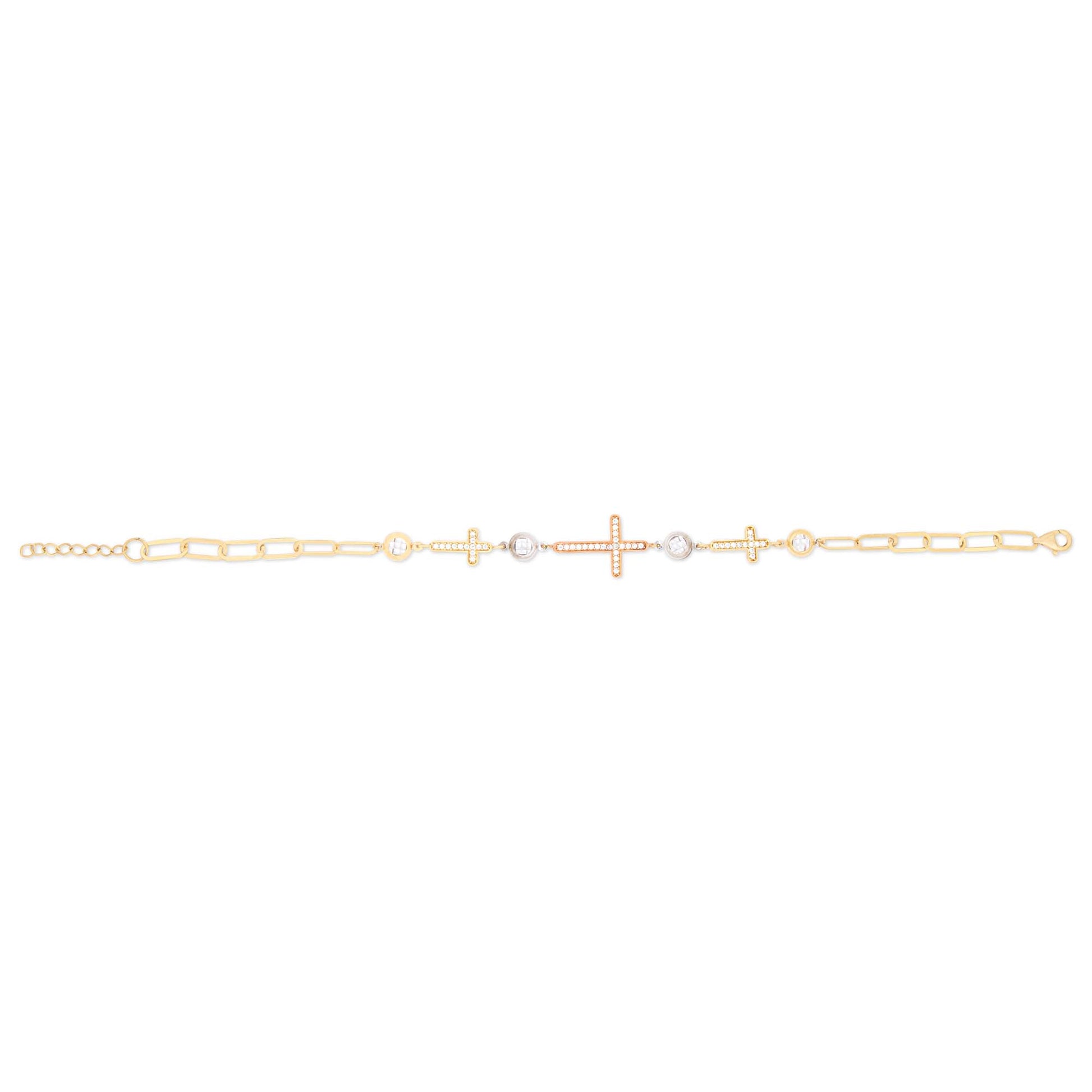 14k Tri Color Gold Triple Sideways Cross Religious Bracelet