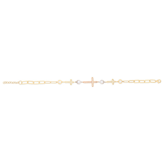 14k Tri Color Gold Triple Sideways Cross Religious Bracelet