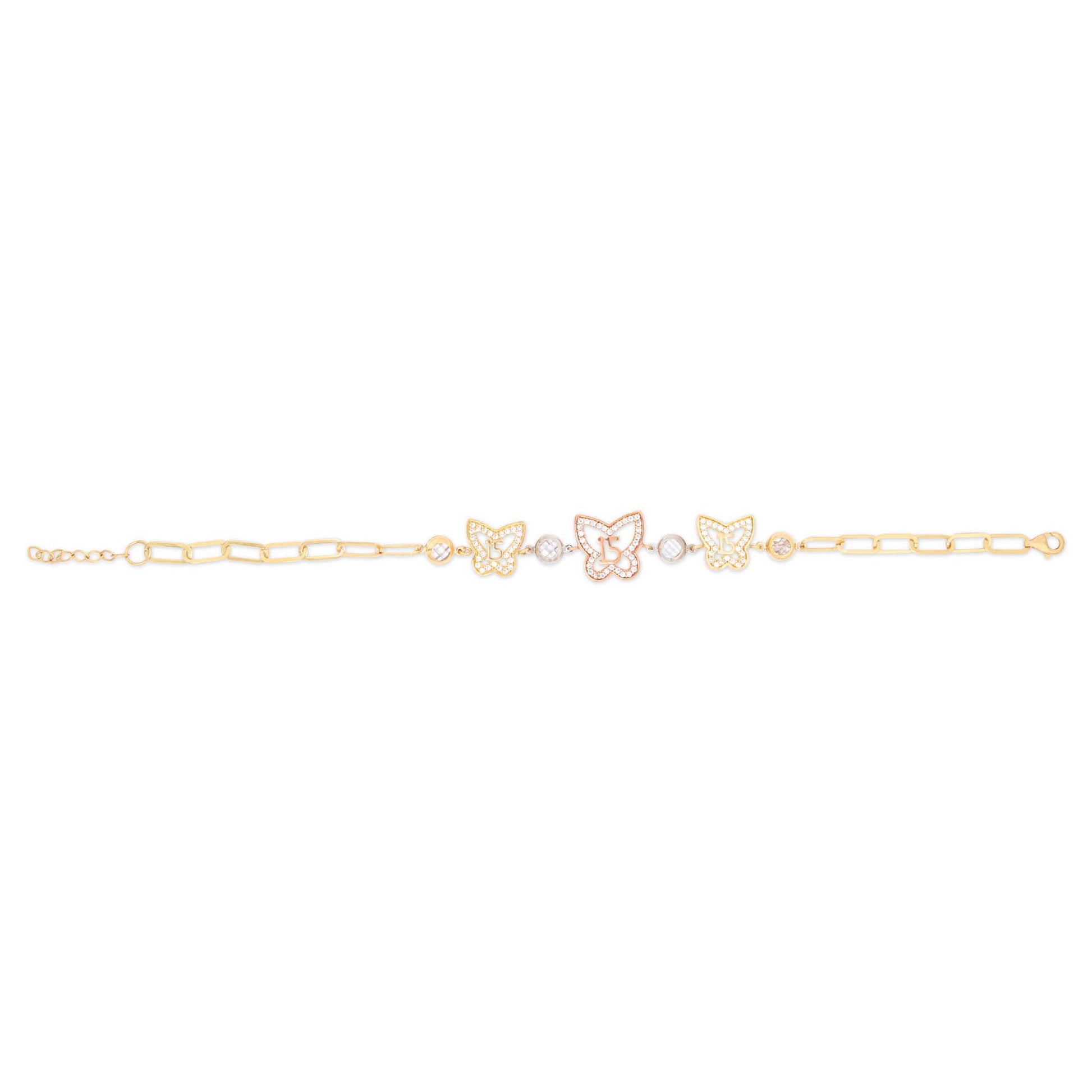 14k Tri Color Gold Quinciañera Butterfly CZ Bracelet