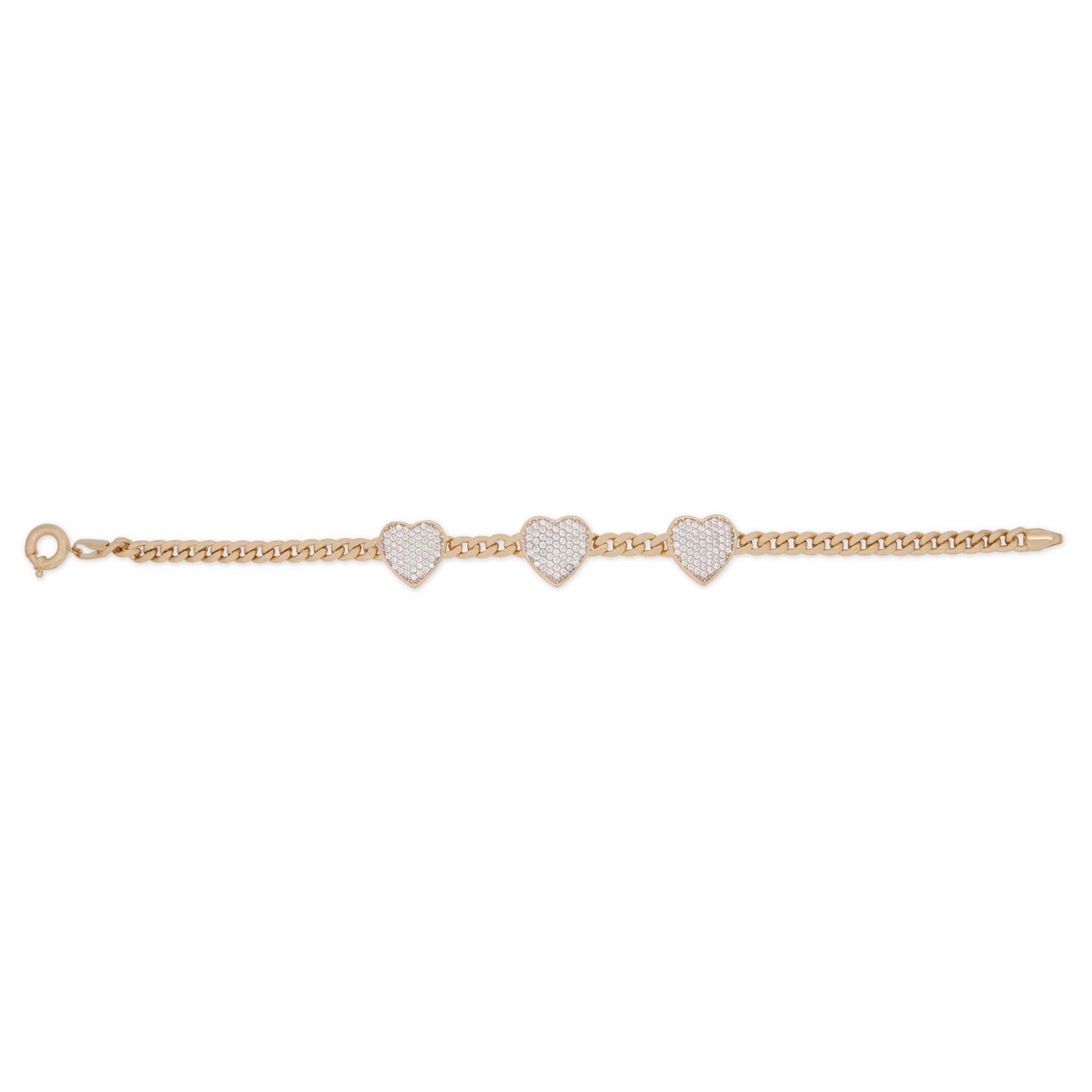 14k Yellow Gold Triple CZ Hearts Cuban Bracelet