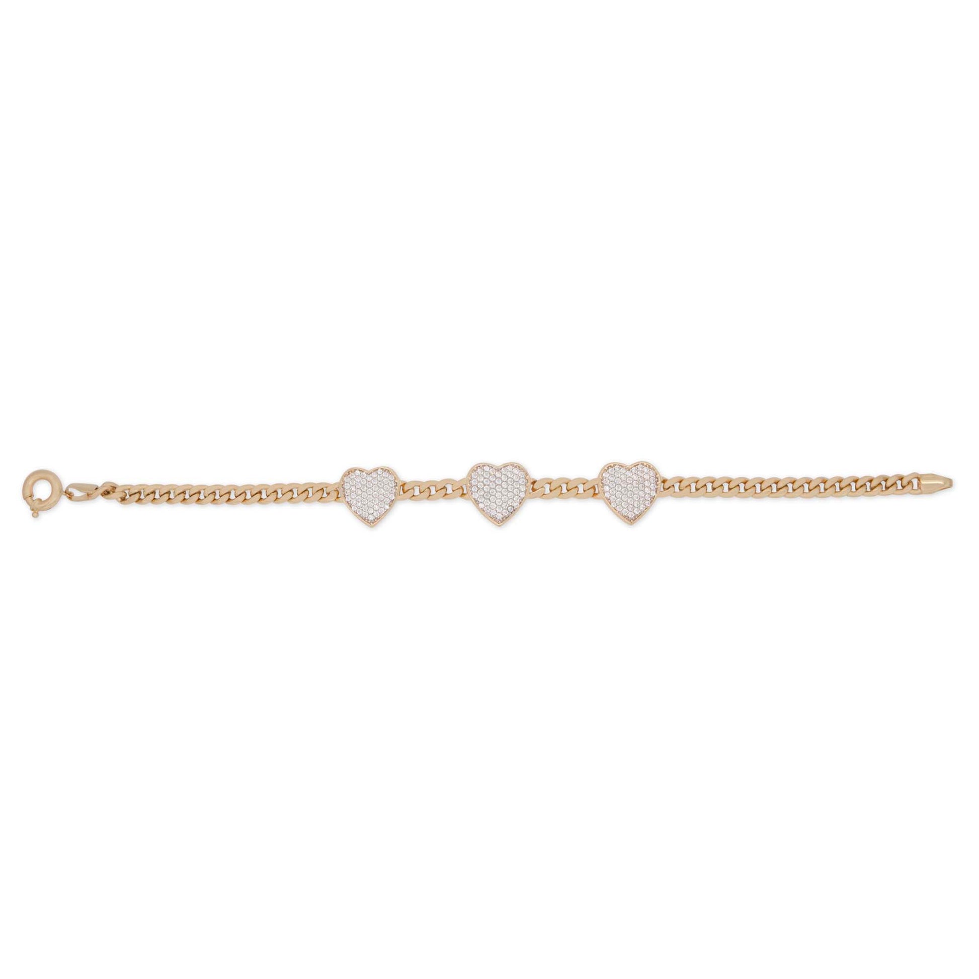 14k Yellow Gold Triple CZ Hearts Cuban Bracelet