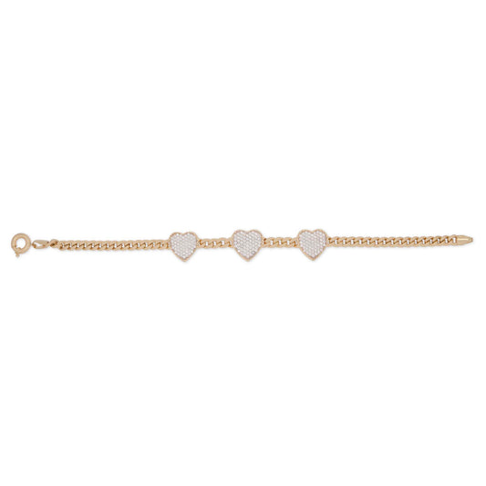 14k Yellow Gold Triple CZ Hearts Cuban Bracelet