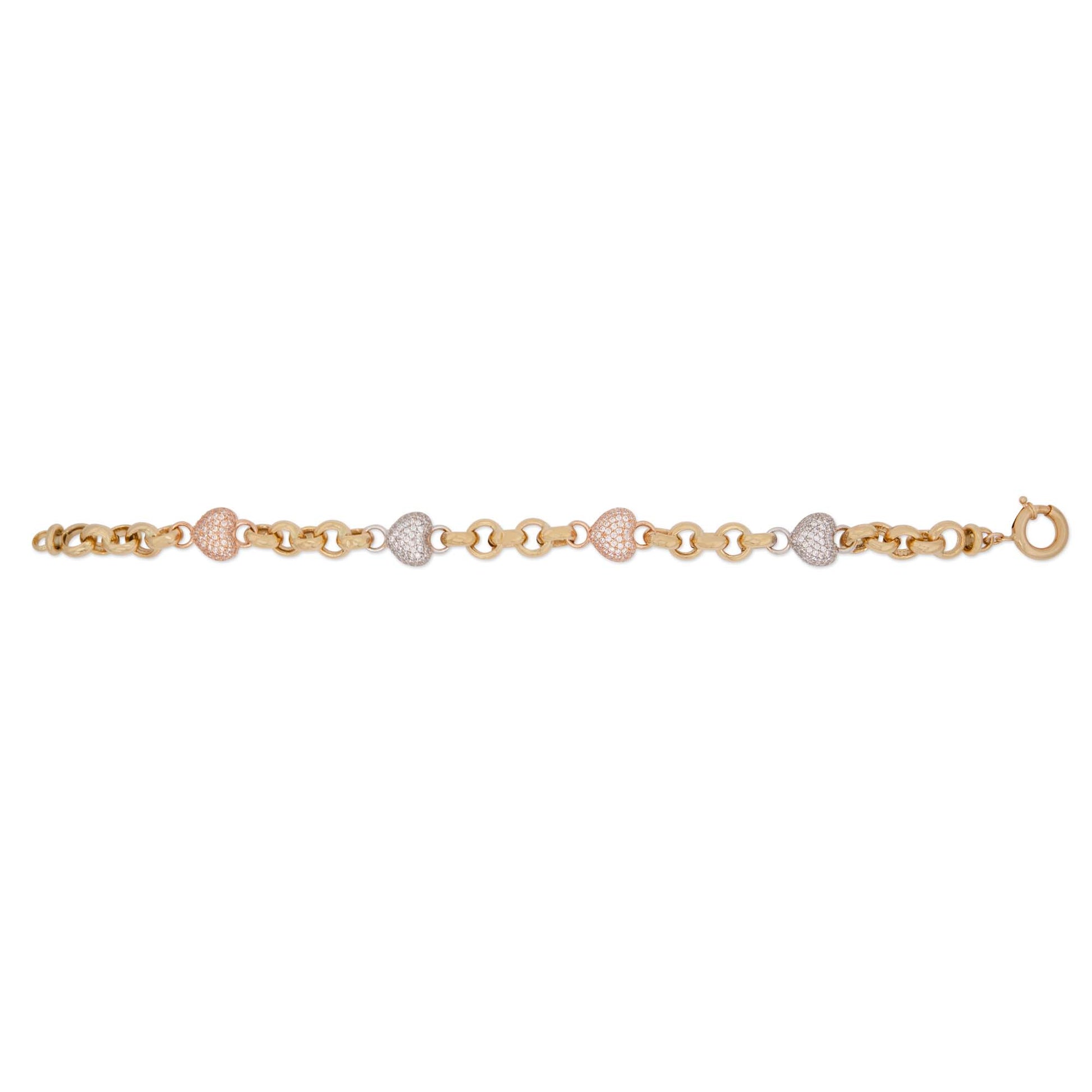 14k Tri Color Gold MP CZ Puffy Hearts Rolo Bracelet