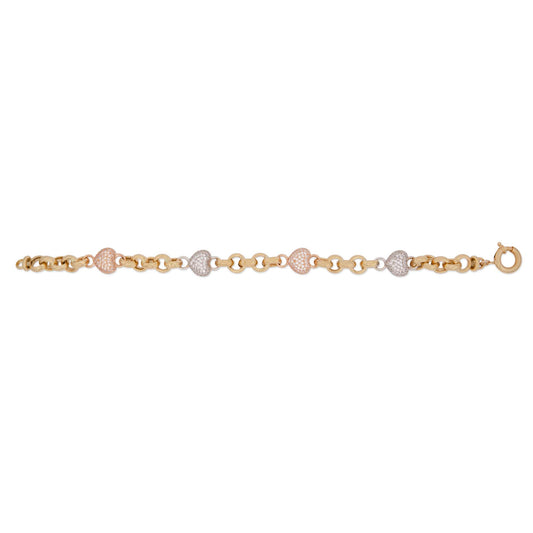 14k Tri Color Gold MP CZ Puffy Hearts Rolo Bracelet