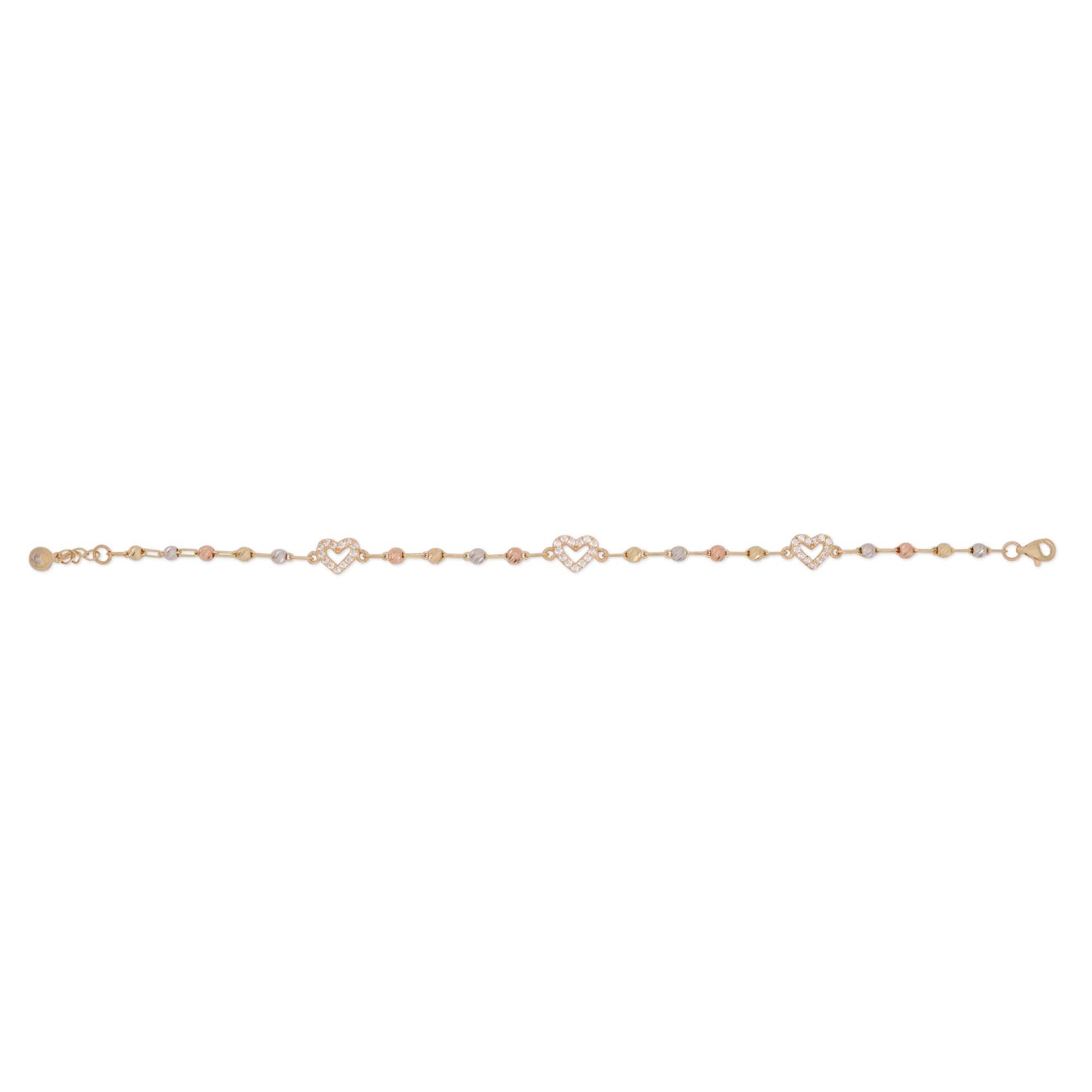 14k Tri Color Gold Hearts and Beads Dainty Bracelet